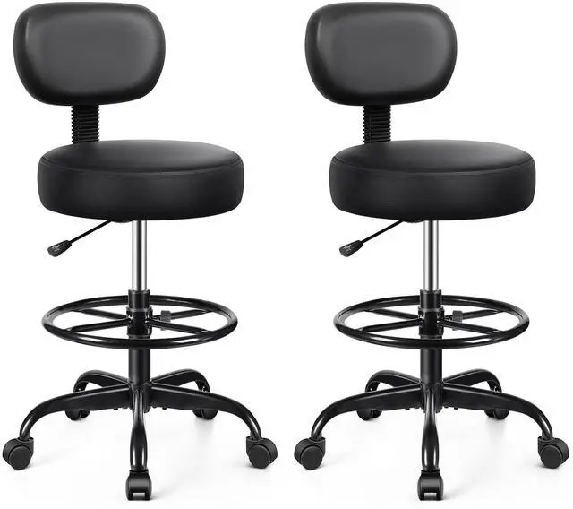 Main image of Drafting Chair with Backrest Adjustable Foot Rest Rolling Stool with Wheels, PU Leather Swivel Stool for Office Spa Studio Lab Counter Salon Home Work Bar Kitchen Shop(Black), Pack of 2