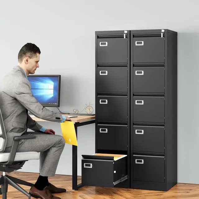 Alt view image 2 of 7 - 5 Drawer File Cabinet with Lock,Black Narrow Vertical File Cabinet Five Drawer,Tall Office Filing Cabinets,Metal Filing Cabinets for Home Office,Fit A4,Legal,Letter Size,-Assembly Required