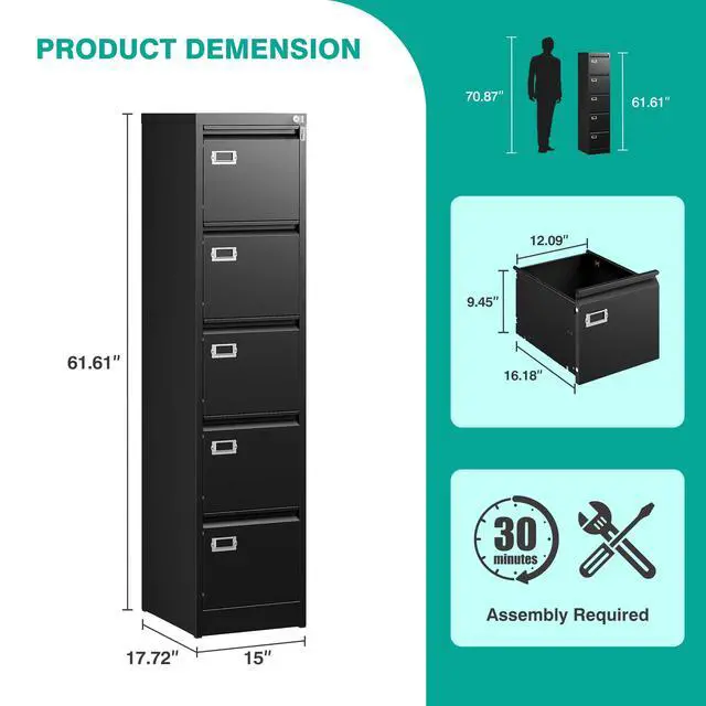 Alt view image 3 of 7 - 5 Drawer File Cabinet with Lock,Black Narrow Vertical File Cabinet Five Drawer,Tall Office Filing Cabinets,Metal Filing Cabinets for Home Office,Fit A4,Legal,Letter Size,-Assembly Required