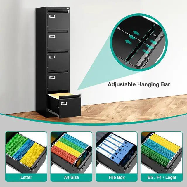 Alt view image 4 of 7 - 5 Drawer File Cabinet with Lock,Black Narrow Vertical File Cabinet Five Drawer,Tall Office Filing Cabinets,Metal Filing Cabinets for Home Office,Fit A4,Legal,Letter Size,-Assembly Required