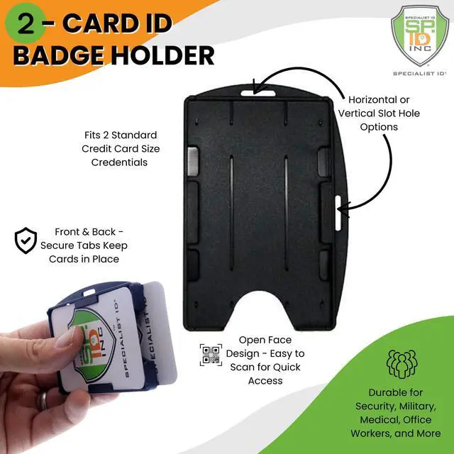 Alt view image 2 of 6 - Bulk 50 Pack - Black Dual Card ID Badge Holder - Holds 2 Cards - Rigid Hard Plastic - Double Sided Card Holder for Horizontal or Vertical Badges - Open Face Design