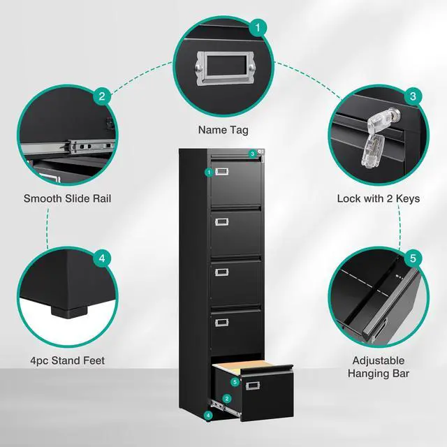 Alt view image 5 of 7 - 5 Drawer File Cabinet with Lock,Black Narrow Vertical File Cabinet Five Drawer,Tall Office Filing Cabinets,Metal Filing Cabinets for Home Office,Fit A4,Legal,Letter Size,-Assembly Required