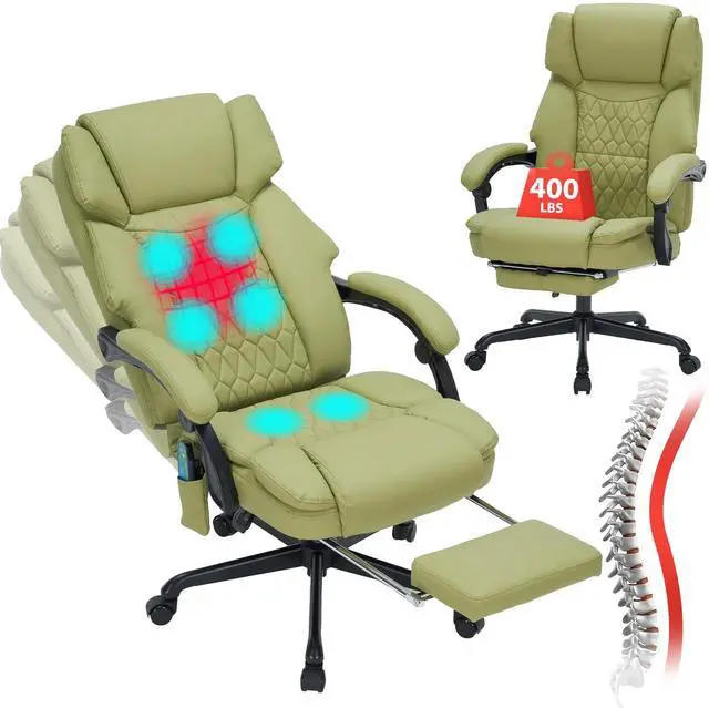 Main image of Massage Office Chair with Foot Rest 6 Points Vibration and Heat Home Office Desk Chairs for Heavy People 400lbs Reclining Managerial Chairs Ergonomic Executive Chair (Green)