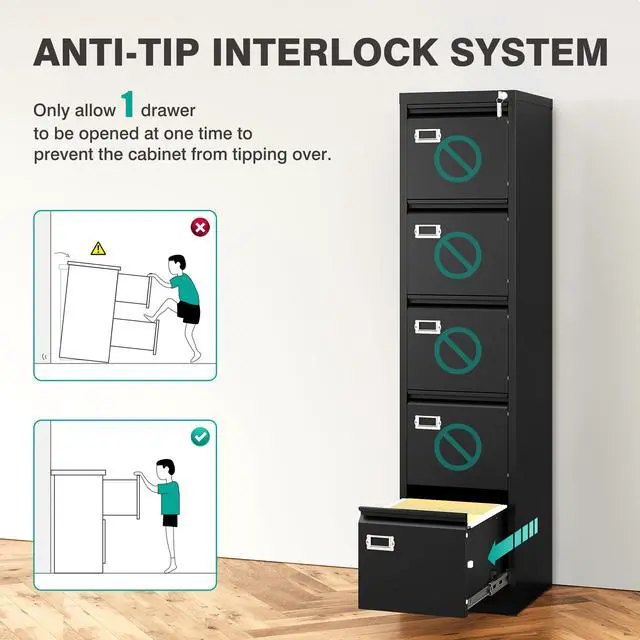 Alt view image 6 of 7 - 5 Drawer File Cabinet with Lock,Black Narrow Vertical File Cabinet Five Drawer,Tall Office Filing Cabinets,Metal Filing Cabinets for Home Office,Fit A4,Legal,Letter Size,-Assembly Required