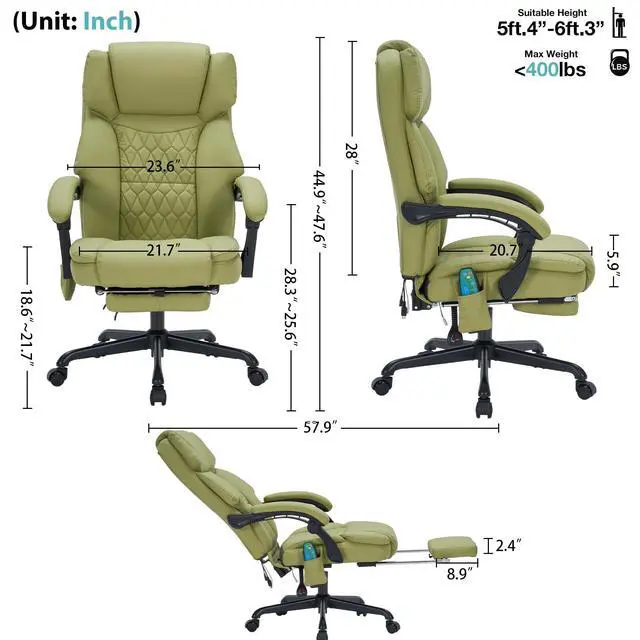 Alt view image 2 of 7 - Massage Office Chair with Foot Rest 6 Points Vibration and Heat Home Office Desk Chairs for Heavy People 400lbs Reclining Managerial Chairs Ergonomic Executive Chair (Green)