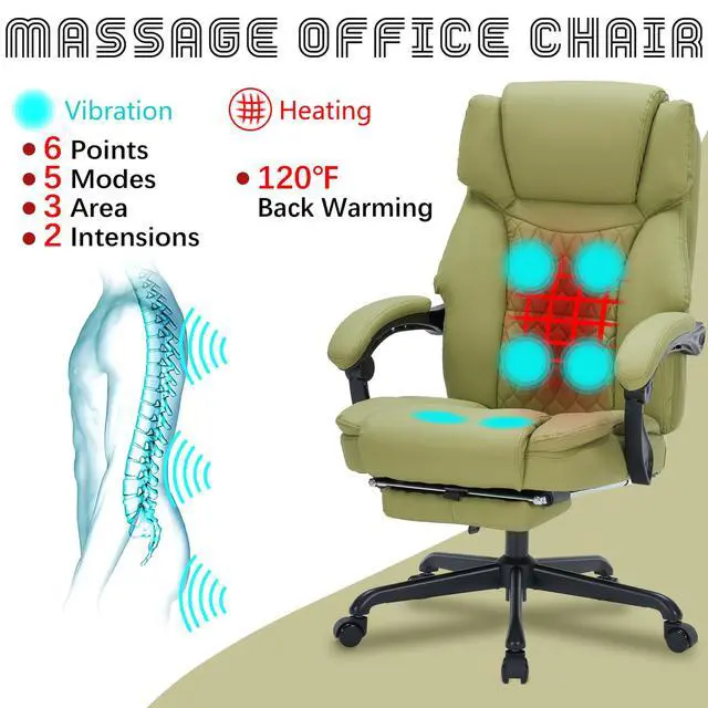 Alt view image 3 of 7 - Massage Office Chair with Foot Rest 6 Points Vibration and Heat Home Office Desk Chairs for Heavy People 400lbs Reclining Managerial Chairs Ergonomic Executive Chair (Green)