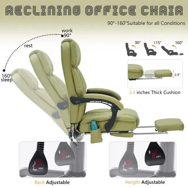 Alt view image 5 of 7 - Massage Office Chair with Foot Rest 6 Points Vibration and Heat Home Office Desk Chairs for Heavy People 400lbs Reclining Managerial Chairs Ergonomic Executive Chair (Green)