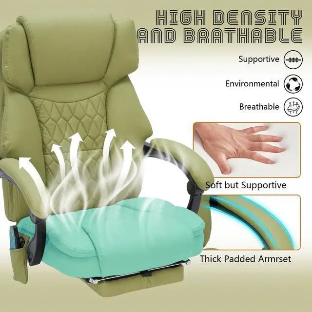Alt view image 6 of 7 - Massage Office Chair with Foot Rest 6 Points Vibration and Heat Home Office Desk Chairs for Heavy People 400lbs Reclining Managerial Chairs Ergonomic Executive Chair (Green)