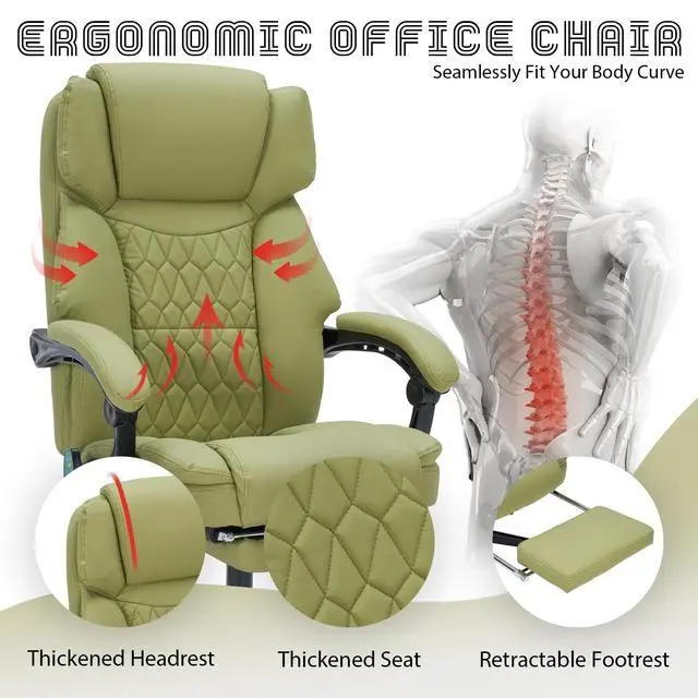 Alt view image 7 of 7 - Massage Office Chair with Foot Rest 6 Points Vibration and Heat Home Office Desk Chairs for Heavy People 400lbs Reclining Managerial Chairs Ergonomic Executive Chair (Green)