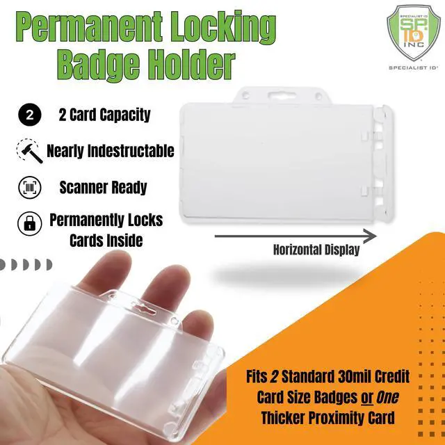 Alt view image 2 of 7 - Bulk 50 Pack - Heavy Duty Horizontal Permanent Locking Badge Holder - Crystal Clear Hard Plastic Case for Photo I.D. Badges or Proximity Cards by