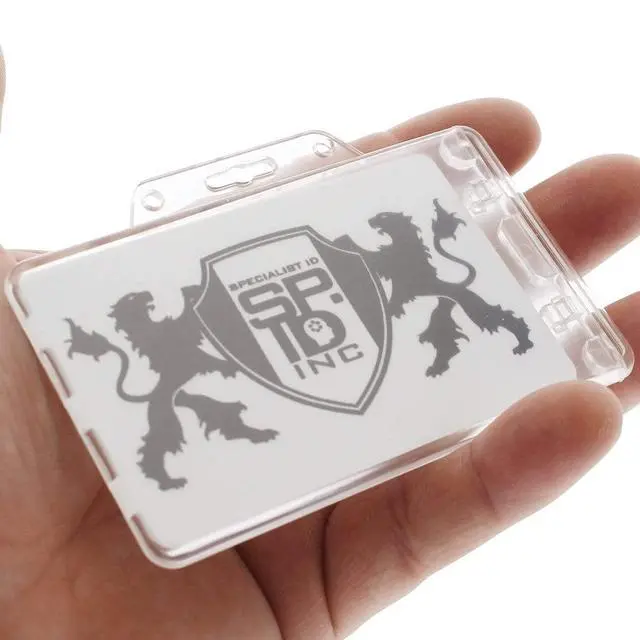 Alt view image 5 of 7 - Bulk 50 Pack - Heavy Duty Horizontal Permanent Locking Badge Holder - Crystal Clear Hard Plastic Case for Photo I.D. Badges or Proximity Cards by