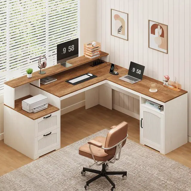 Main image of 63" Farmhouse L Shaped Executive Desk with Drawers & Storage Shelf, Corner Fluted Computer Desk with Power Outlets, L Shaped Office Desk with Monitor Stand, Printer Shelf