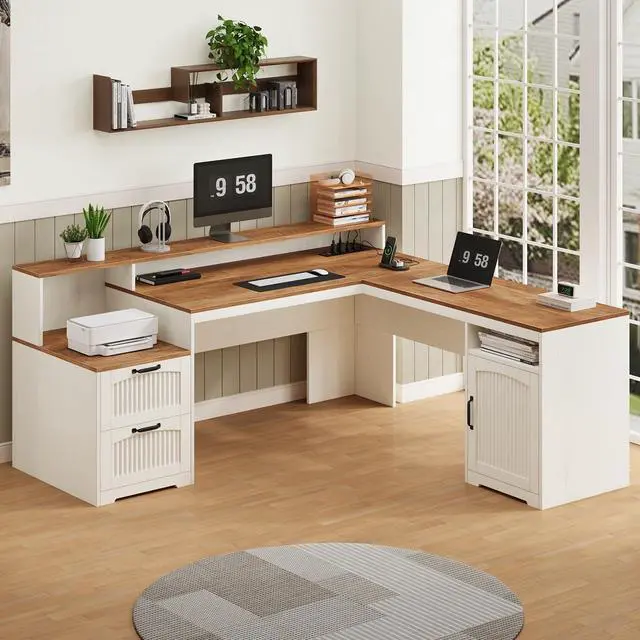 Alt view image 3 of 7 - 63" Farmhouse L Shaped Executive Desk with Drawers & Storage Shelf, Corner Fluted Computer Desk with Power Outlets, L Shaped Office Desk with Monitor Stand, Printer Shelf