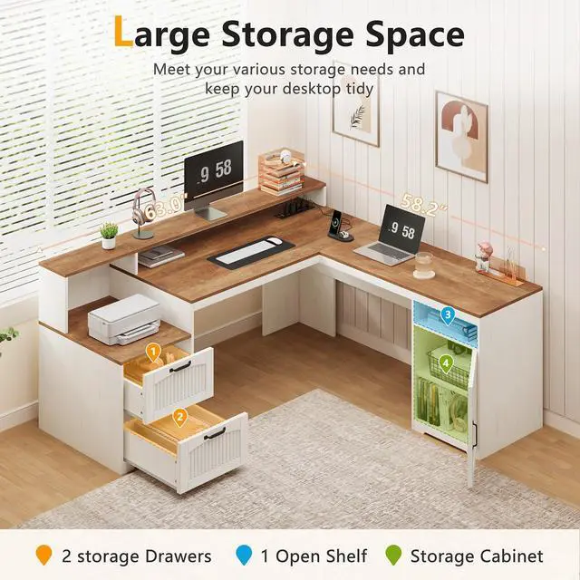 Alt view image 4 of 7 - 63" Farmhouse L Shaped Executive Desk with Drawers & Storage Shelf, Corner Fluted Computer Desk with Power Outlets, L Shaped Office Desk with Monitor Stand, Printer Shelf
