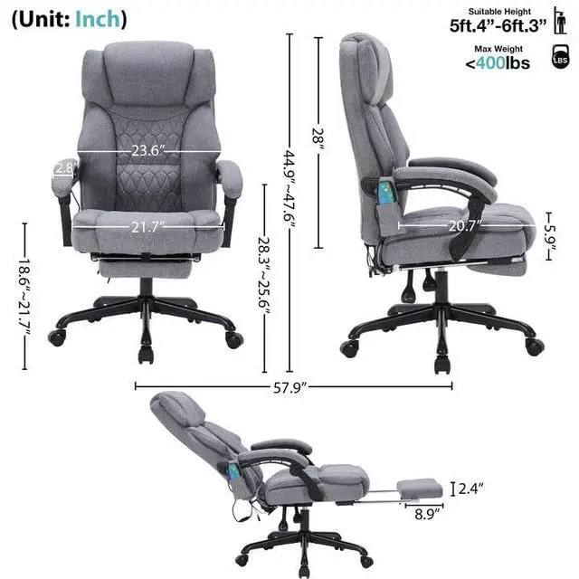 Alt view image 2 of 7 - Massage Office Chair with Foot Rest 6 Points Vibration and Heat Home Office Desk Chairs for Heavy People 400lbs Reclining Managerial Chairs Ergonomic Executive Chair (Grey)