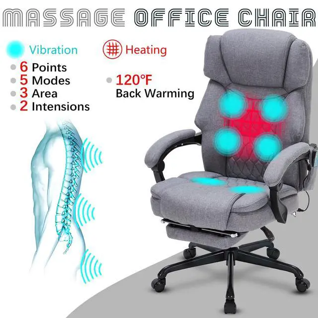 Alt view image 3 of 7 - Massage Office Chair with Foot Rest 6 Points Vibration and Heat Home Office Desk Chairs for Heavy People 400lbs Reclining Managerial Chairs Ergonomic Executive Chair (Grey)