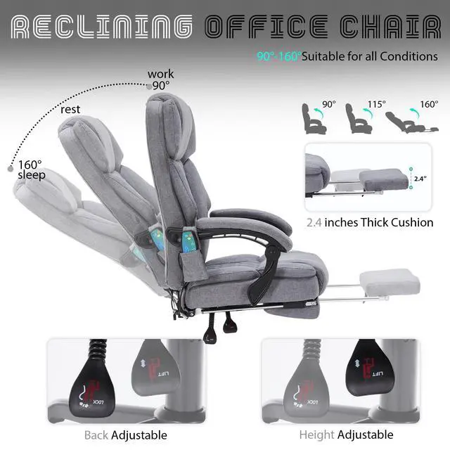 Alt view image 4 of 7 - Massage Office Chair with Foot Rest 6 Points Vibration and Heat Home Office Desk Chairs for Heavy People 400lbs Reclining Managerial Chairs Ergonomic Executive Chair (Grey)
