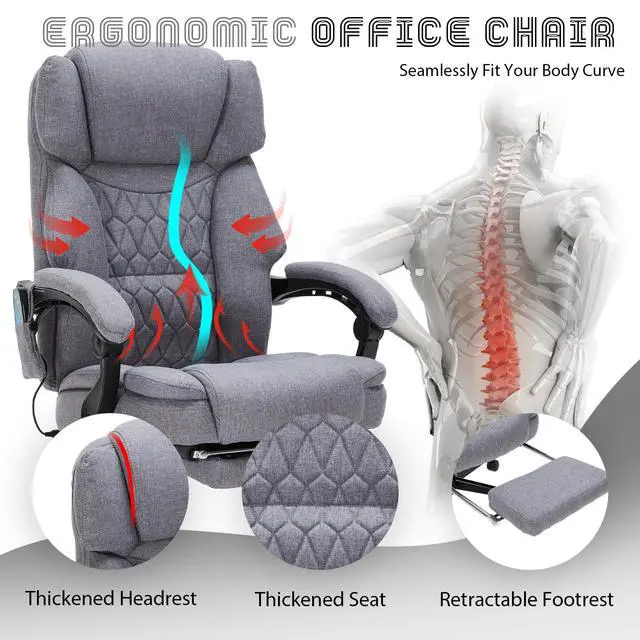 Alt view image 6 of 7 - Massage Office Chair with Foot Rest 6 Points Vibration and Heat Home Office Desk Chairs for Heavy People 400lbs Reclining Managerial Chairs Ergonomic Executive Chair (Grey)