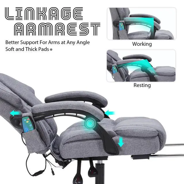 Alt view image 7 of 7 - Massage Office Chair with Foot Rest 6 Points Vibration and Heat Home Office Desk Chairs for Heavy People 400lbs Reclining Managerial Chairs Ergonomic Executive Chair (Grey)