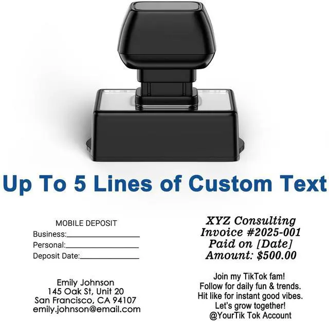 Main image of Custom Stamp Self-Inking - Up to 5 Lines of Personalized Text for Business, Official Documents, Christmas Card, Mail, Forms and Records, Clear & Consistent Impressions, Effortless Stamping
