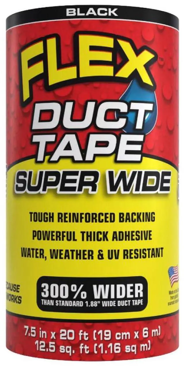 Main image of Flex Duct Tape, Super Wide, 7.5 Inches x 20 Feet, Black, Heavy Duty Strong, Multi-Surface, Water, Weather and UV Resistant, Tearable, Perfect for Boxes, No Residue