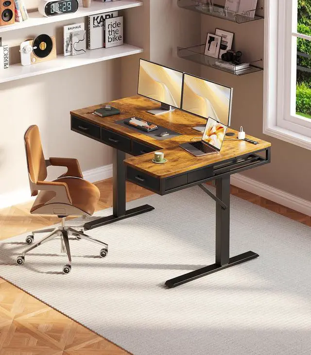Alt view image 2 of 7 - 55 Inch L Shaped Electric Standing Desk with 4 Drawers, Rustic Brown | Reversible Corner Table, Office Desk With 4 Drawers and Outlets For Home Office, Computer Workstation And Sit Stand Use