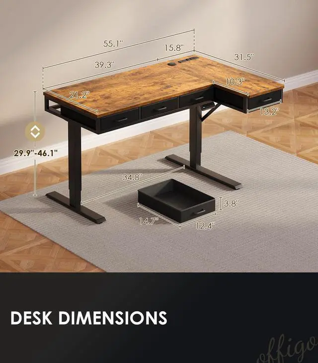 Alt view image 3 of 7 - 55 Inch L Shaped Electric Standing Desk with 4 Drawers, Rustic Brown | Reversible Corner Table, Office Desk With 4 Drawers and Outlets For Home Office, Computer Workstation And Sit Stand Use