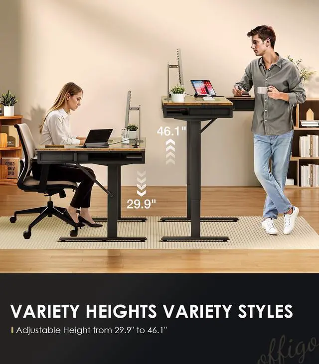 Alt view image 4 of 7 - 55 Inch L Shaped Electric Standing Desk with 4 Drawers, Rustic Brown | Reversible Corner Table, Office Desk With 4 Drawers and Outlets For Home Office, Computer Workstation And Sit Stand Use