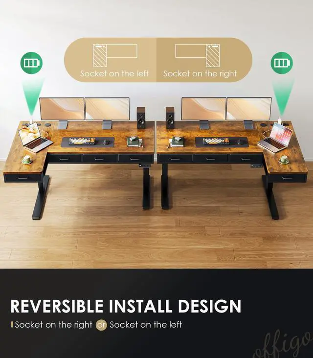 Alt view image 5 of 7 - 55 Inch L Shaped Electric Standing Desk with 4 Drawers, Rustic Brown | Reversible Corner Table, Office Desk With 4 Drawers and Outlets For Home Office, Computer Workstation And Sit Stand Use