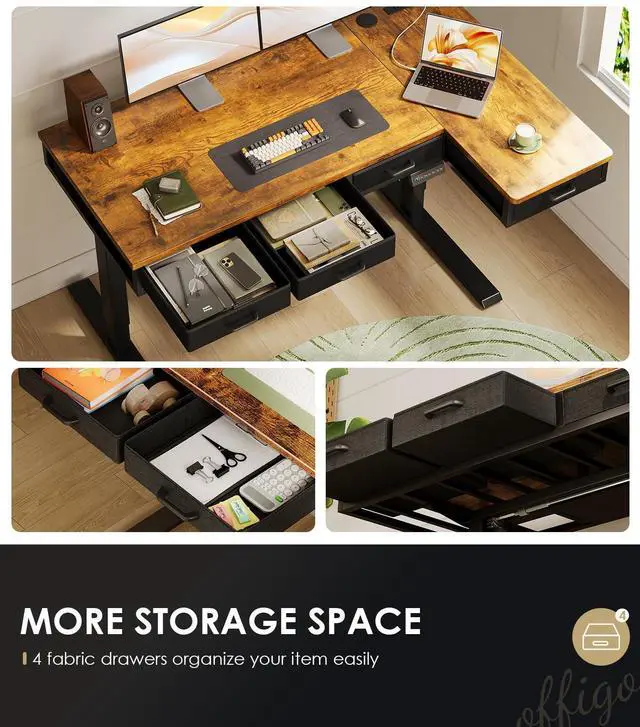Alt view image 6 of 7 - 55 Inch L Shaped Electric Standing Desk with 4 Drawers, Rustic Brown | Reversible Corner Table, Office Desk With 4 Drawers and Outlets For Home Office, Computer Workstation And Sit Stand Use
