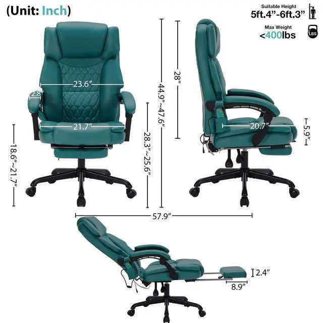 Alt view image 2 of 7 - Massage Office Chair with Foot Rest 6 Points Vibration and Heat Home Office Desk Chairs for Heavy People 400lbs Reclining Managerial Chairs Ergonomic Executive Chair (Teal Blue)