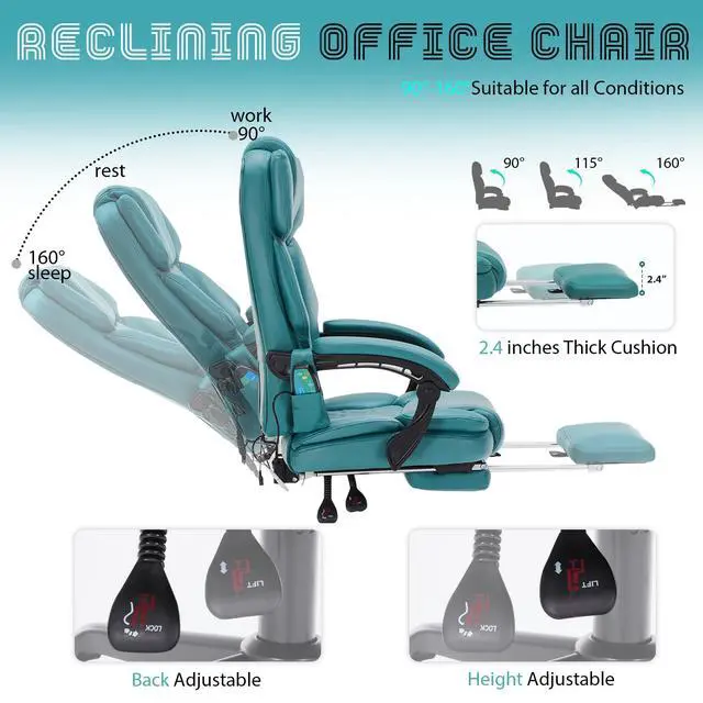 Alt view image 5 of 7 - Massage Office Chair with Foot Rest 6 Points Vibration and Heat Home Office Desk Chairs for Heavy People 400lbs Reclining Managerial Chairs Ergonomic Executive Chair (Teal Blue)