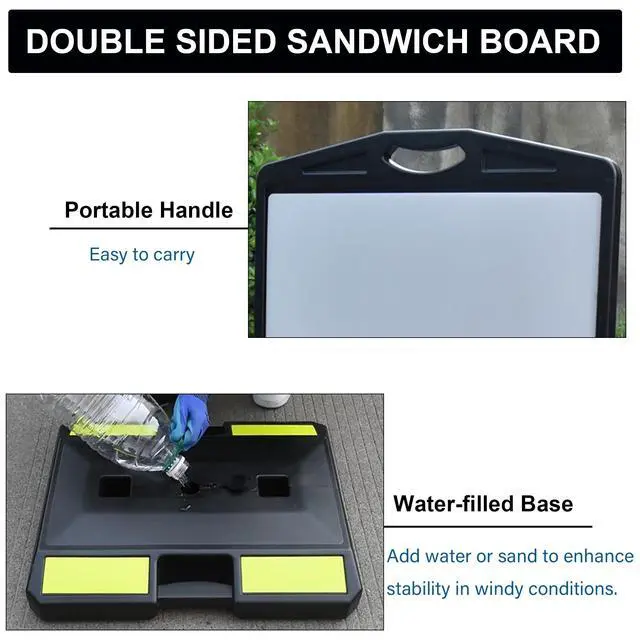 Alt view image 3 of 7 - 2-Pack Sidewalk Sign 24 x 36 Inch Double Sided Sandwich Board | Plastic Outdoor Advertising Signboard with Water-filled Base for Restaurant, Business, Events, Grey (Frame only)