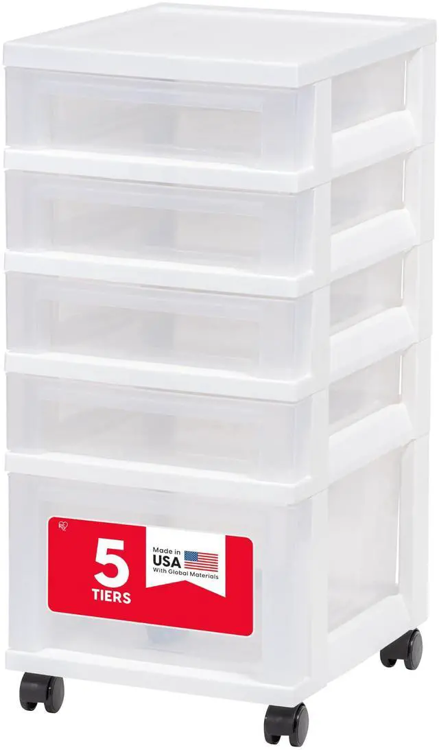 Main image of 5-Drawer Rolling Storage Cart with Organizer Top, White/Clear | Keep classroom supplies, teacher essentials, craft materials, and learning tools organized with easy-access drawers