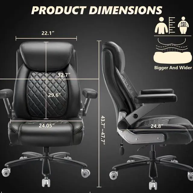Alt view image 3 of 7 - 700LBS Large Heavy Duty Office Chair with 5D Flip Arms, Comfy Big and Tall Executive Office Desk Chair with Pocket Spring Cushion, High Back Computer Chair with Lumbar Support,Dual Rubber Wheel