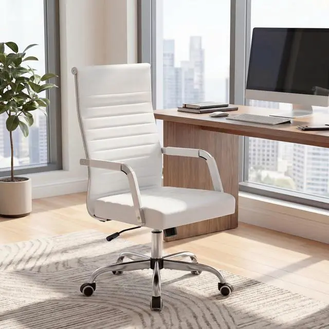 Alt view image 2 of 7 - Ergonomic Office Desk Chair, Executive Ribbed Mid-Back PU Leather Conference Room Chair Adjustable Swivel Chair with Arms (1, White)