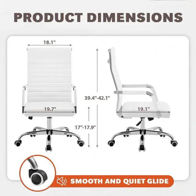 Alt view image 3 of 7 - Ergonomic Office Desk Chair, Executive Ribbed Mid-Back PU Leather Conference Room Chair Adjustable Swivel Chair with Arms (1, White)