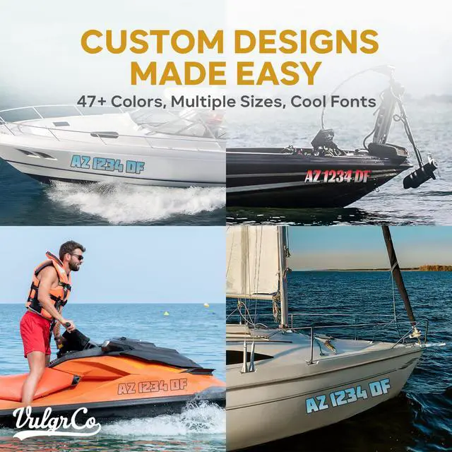 Alt view image 4 of 7 - Boat Numbers and Letters Registration Stickers - 2 Pcs Boat Decals | Personalized Jet Ski Decals, Waterproof, Built for Outdoor Use, Boat Number and Letter Decals, Custom Fonts, Color and Sizes