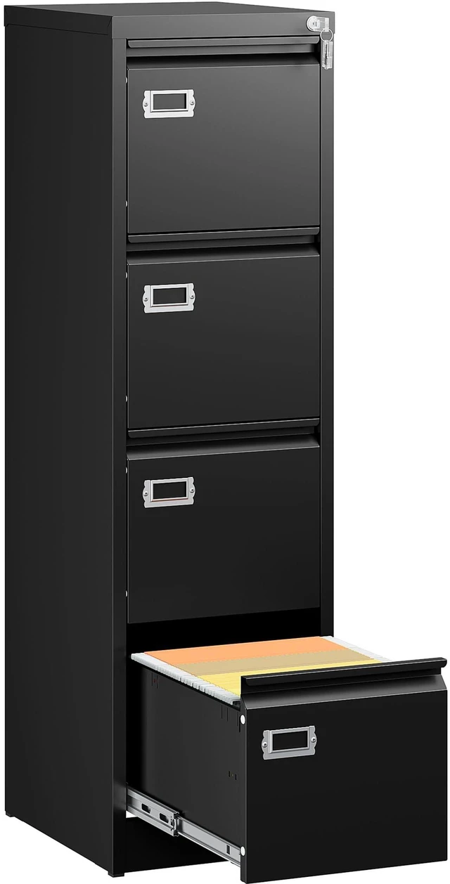 Main image of 4 Drawer File Cabinet with Lock and Tag,Black Vertical File Cabinet,Narrow Locking Filing Cabinets with Drawers,Metal Filing Storage for Home Office Fit A4 Legal/Letter Size