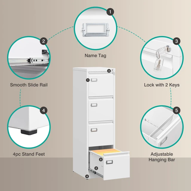 Alt view image 6 of 7 - 4 Drawer File Cabinet with Lock and Tag,White Vertical File Cabinet,Narrow Locking Filing Cabinets with Drawers,Metal Filing Storage for Home Office Fit A4 Legal/Letter Size