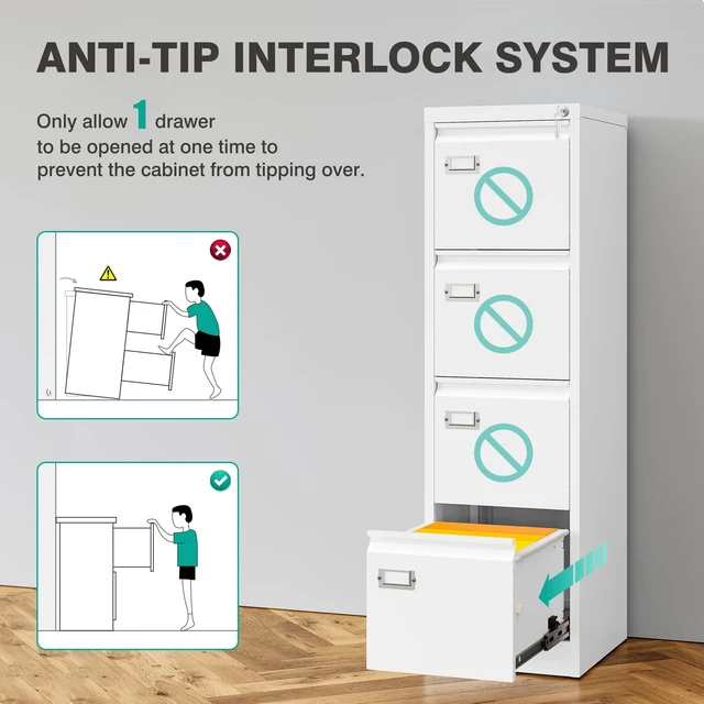 Alt view image 7 of 7 - 4 Drawer File Cabinet with Lock and Tag,White Vertical File Cabinet,Narrow Locking Filing Cabinets with Drawers,Metal Filing Storage for Home Office Fit A4 Legal/Letter Size
