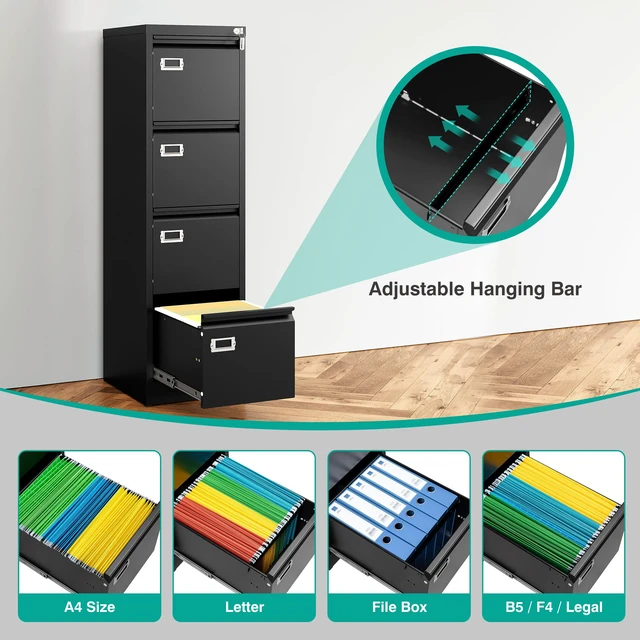 Alt view image 4 of 6 - 4 Drawer File Cabinet with Lock and Tag,Black Vertical File Cabinet,Narrow Locking Filing Cabinets with Drawers,Metal Filing Storage for Home Office Fit A4 Legal/Letter Size