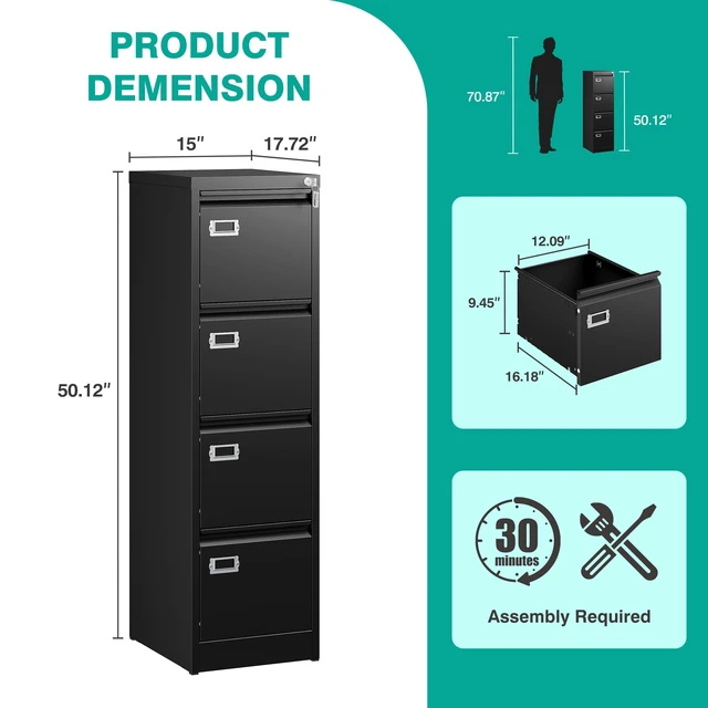 Alt view image 6 of 6 - 4 Drawer File Cabinet with Lock and Tag,Black Vertical File Cabinet,Narrow Locking Filing Cabinets with Drawers,Metal Filing Storage for Home Office Fit A4 Legal/Letter Size