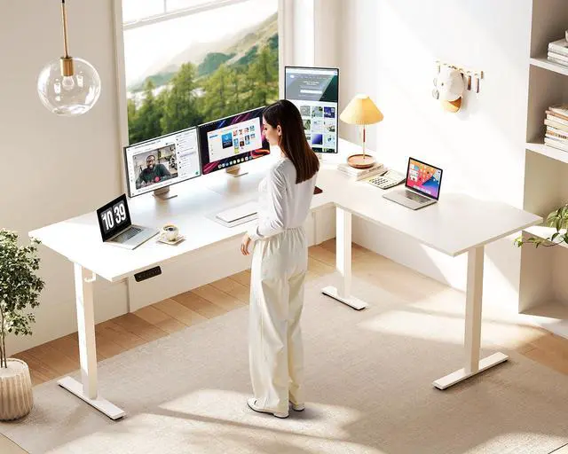 Alt view image 2 of 7 - 71 Inch L Shaped Electric Standing Desk, Home Office, White | Reversible Corner Desk with Height Adjustment, Ergonomic Sit Stand Table for Home Office, Computer Workstation