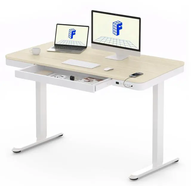 Main image of Comhar 48" Electric Standing Desk with Storage, Built-in Drawer & USB Charging Ports, Height Adjustable Sit Stand Computer Desk, Quick Assembly, Child Lock, Light Maple Finish/White Legs