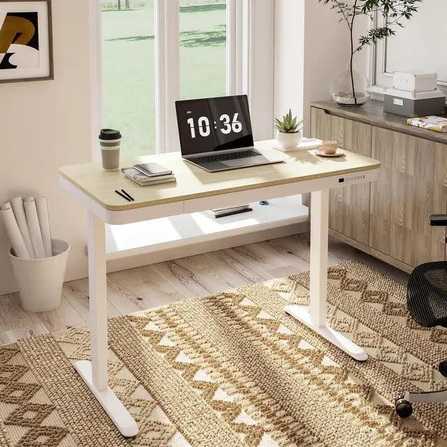 Alt view image 2 of 7 - Comhar 48" Electric Standing Desk with Storage, Built-in Drawer & USB Charging Ports, Height Adjustable Sit Stand Computer Desk, Quick Assembly, Child Lock, Light Maple Finish/White Legs