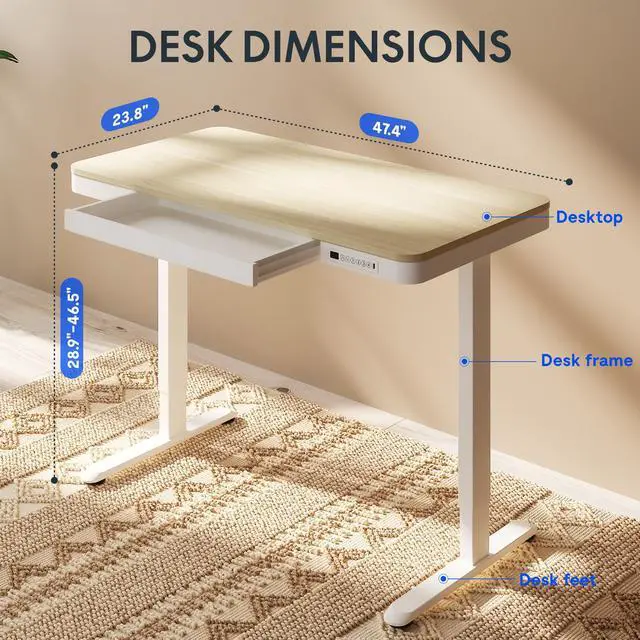 Alt view image 3 of 7 - Comhar 48" Electric Standing Desk with Storage, Built-in Drawer & USB Charging Ports, Height Adjustable Sit Stand Computer Desk, Quick Assembly, Child Lock, Light Maple Finish/White Legs