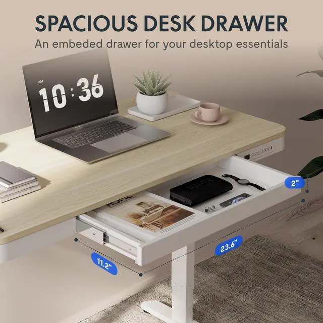 Alt view image 4 of 7 - Comhar 48" Electric Standing Desk with Storage, Built-in Drawer & USB Charging Ports, Height Adjustable Sit Stand Computer Desk, Quick Assembly, Child Lock, Light Maple Finish/White Legs