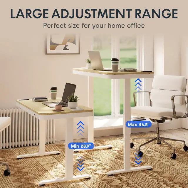 Alt view image 6 of 7 - Comhar 48" Electric Standing Desk with Storage, Built-in Drawer & USB Charging Ports, Height Adjustable Sit Stand Computer Desk, Quick Assembly, Child Lock, Light Maple Finish/White Legs