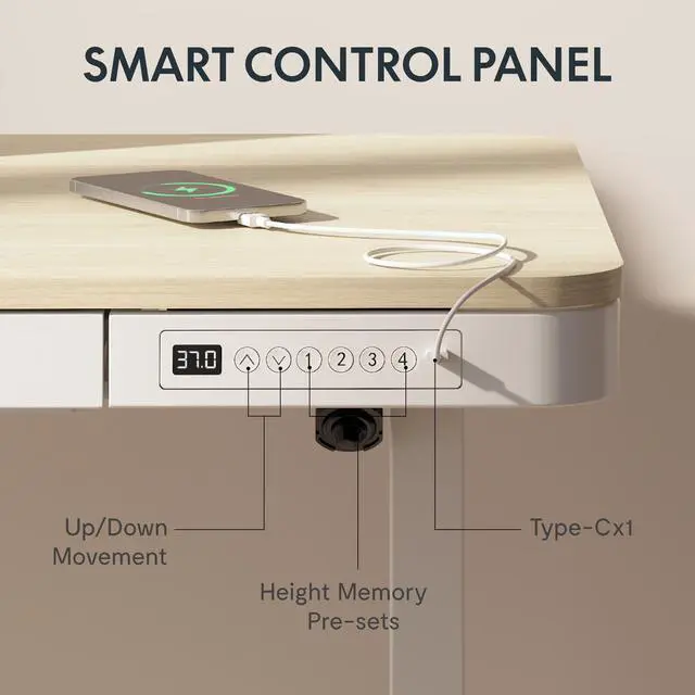 Alt view image 7 of 7 - Comhar 48" Electric Standing Desk with Storage, Built-in Drawer & USB Charging Ports, Height Adjustable Sit Stand Computer Desk, Quick Assembly, Child Lock, Light Maple Finish/White Legs
